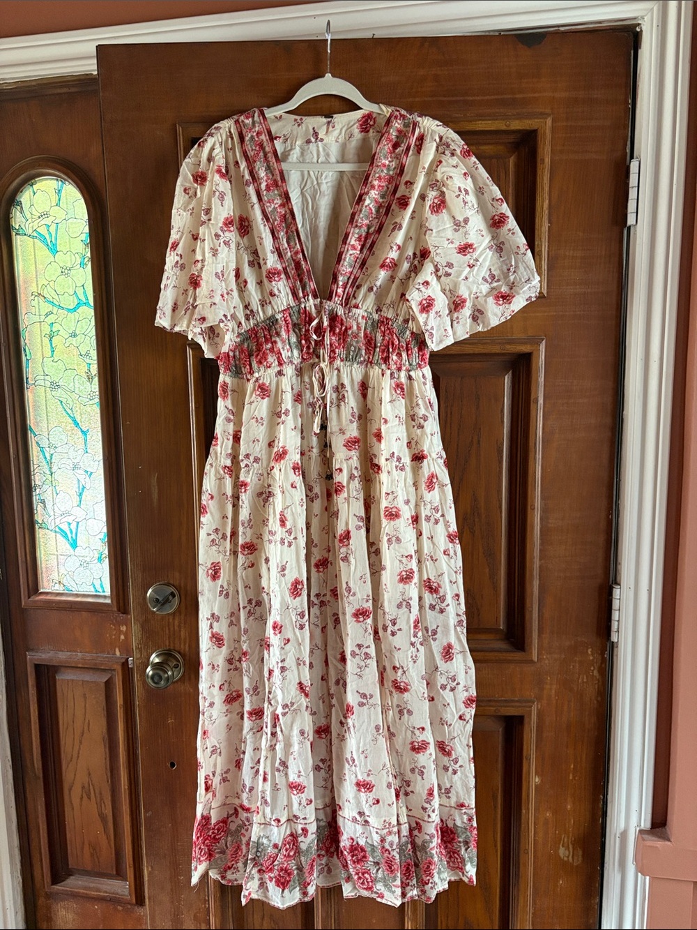 Free People Cream and Pink Floral Maxi Dress with Slit and Bell Sleeves